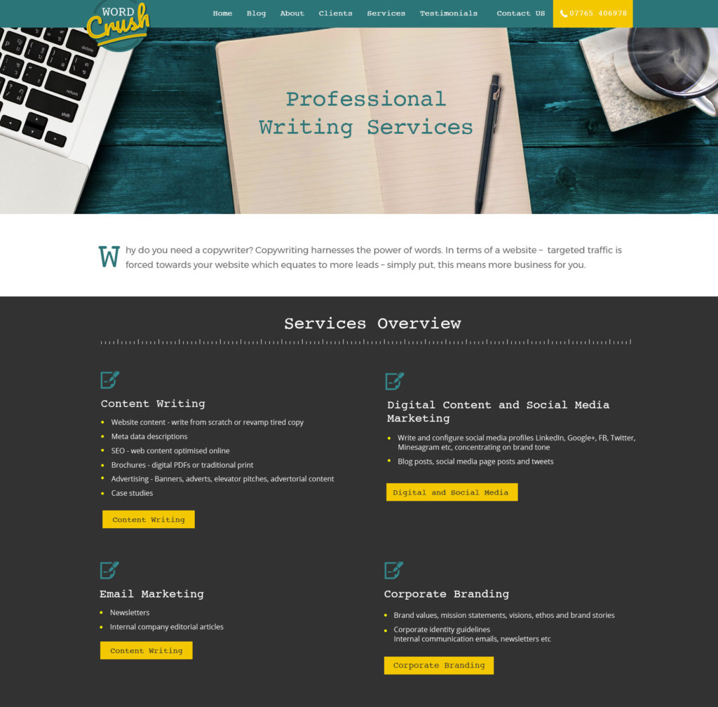 Website revamp using bold colours and typography to really make copywriter Word Crush's content stand out on the page